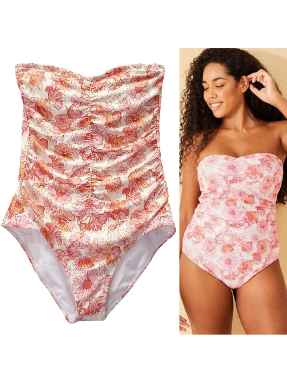 Shade & Shore Strapless Floral One-Piece Swimsuit - Pink/Coral